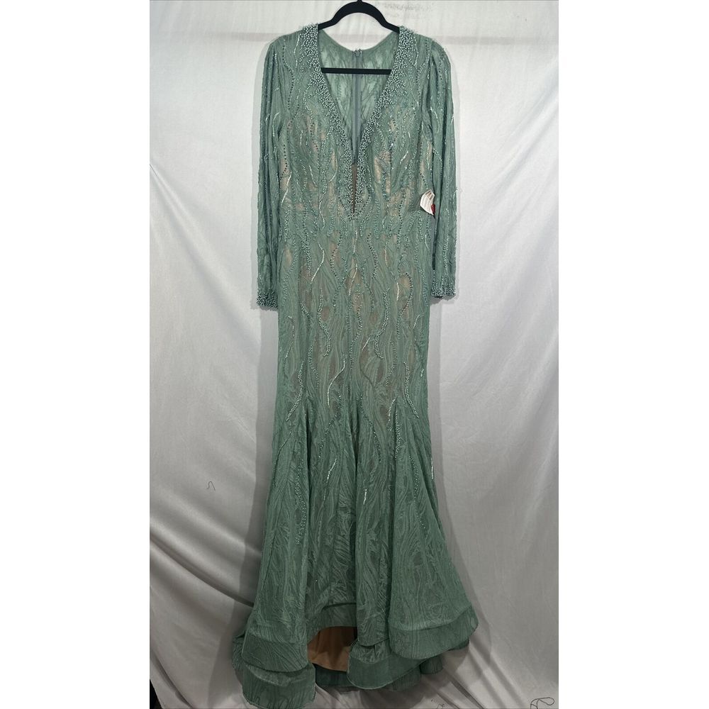 NWT Mac Duggal [ 12 ] 79291 Beaded Lace Long Sleeve Plunge Neck Gown Sage‎ green - Picture 10 of 15